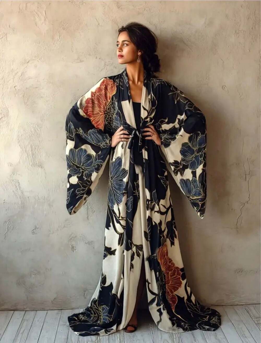 Womens Romantic Floral Print Kimono Robe Belted Floor Length Wrap Dressing Gown